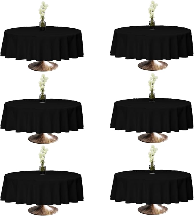 90x90 Table Cloth - 6 Pack Round Black Washable Stain and Wrinkle Resistant Polyester Table Cover for Dining Tables, Various Parties and Camping (Black)