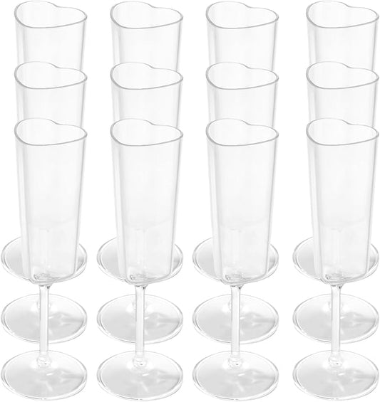 JLYLOL 12 PCS Heart Shaped Champagne Flutes, 5.5OZ Plastic Champagne Glasses, Unique Wedding Toasting Glasses, Elegant Stemmed Drinking Cups Plastic Goblets for Celebrations Anniversary Bride (Clear)