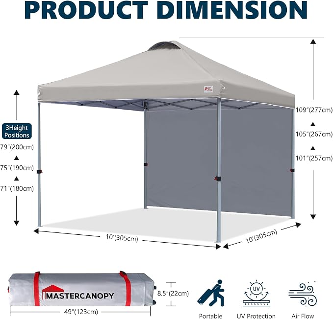 MASTERCANOPY 10x10 Pop Up Canopy Tent with 1 Sidewall, 1 Person Setup Instant Shelter, Outdoor Portable Beach Canopy, 1 Roller Bag, 4 Sandbags, 4 Ropes, 8 Stakes (10x10, Gray)
