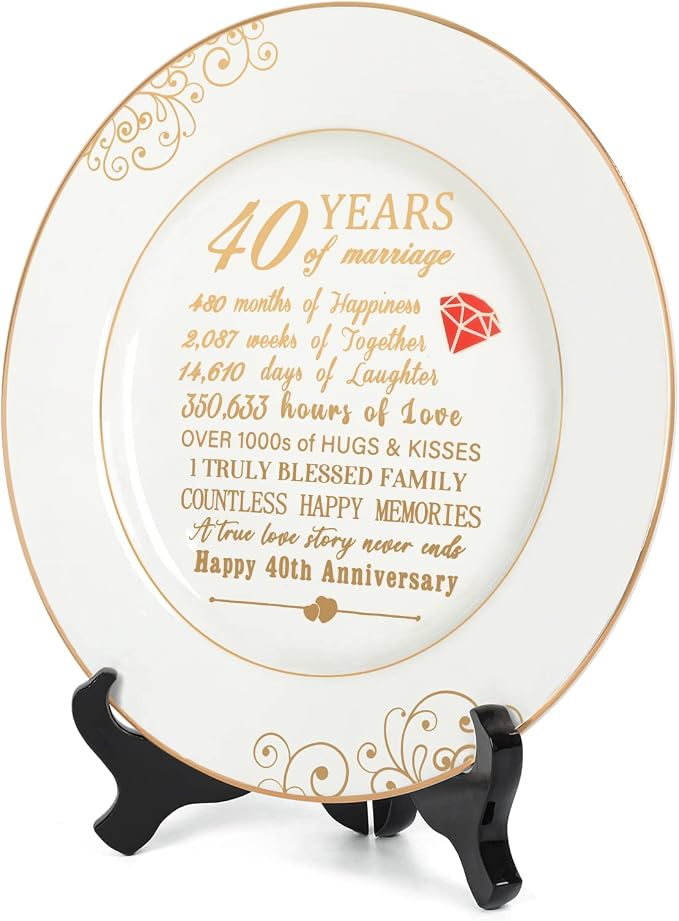 Urllinz 40th Anniversary Wedding Gifts for Wife - 40 Year Anniversaty Plate with 24k Gold Foil, Happy Decorations for Couple Parents Him Her Husband, Ceramic 9"