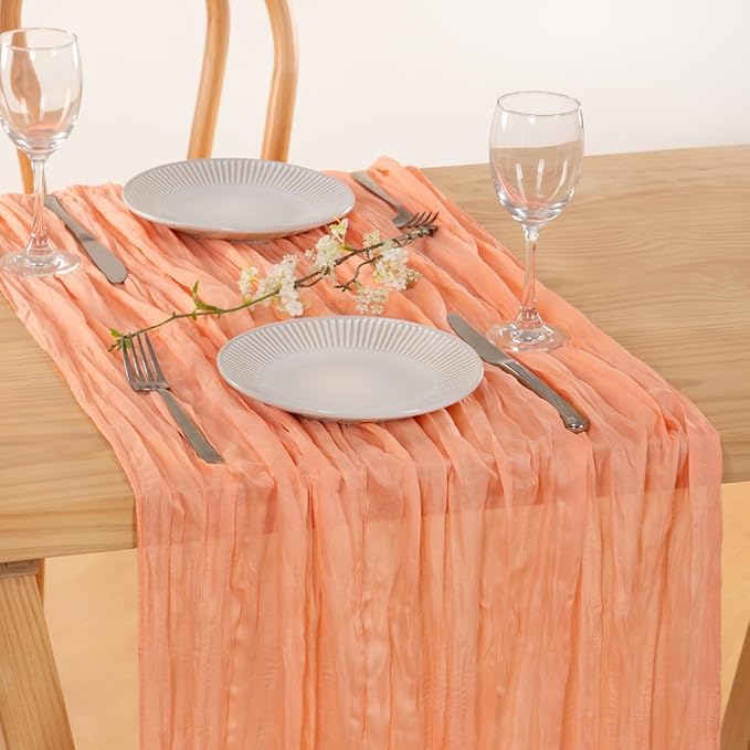 MLMC Peach Pink Cheesecloth Table Runner 10ft Sheer Gauze Coral Cheese Cloth Table Runner Spring Dinning Decoration 35x120 Inches for Wedding Bridal Baby Shower Party Decor