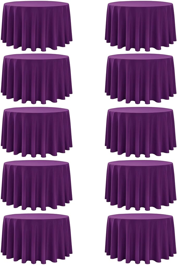 10-Pack Purple Round Tablecloths, 108 Inches, Stain-Resistant Polyester for 4-5 Ft Round Tables - Washable Table Covers for Weddings, Banquets, Birthday Parties, Events
