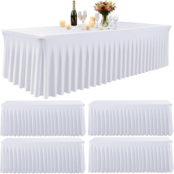 5 Pack White Spandex Table Clothes for 6 Foot Rectangle Tables, Fitted Stretch Spandex Table Cover 6ft White Tablecloths with Table Skirt for Weddings Birthday Parties Banquet Baby Shower