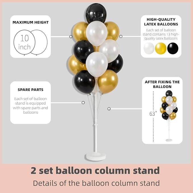 Balloon Column Kit Set of 2 With Balloons Included - Balloon Tower with Stand, Base, and Pole,Backdrop Decoration for Wedding, Baby Shower, Birthday Party, or Bachelorette Parties (Black Gold White)