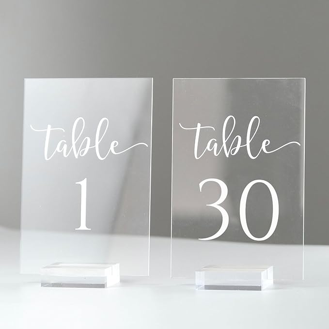 JINMURY Acrylic Wedding Table Numbers 1-30 with Stand- 4x6 Inch Clear Sign Printed Calligraphy Font, Acrylic Table Numbers with Holder Base for Wedding Party Reception