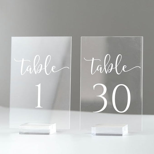 JINMURY Acrylic Wedding Table Numbers 1-30 with Stand- 4x6 Inch Clear Sign Printed Calligraphy Font, Acrylic Table Numbers with Holder Base for Wedding Party Reception