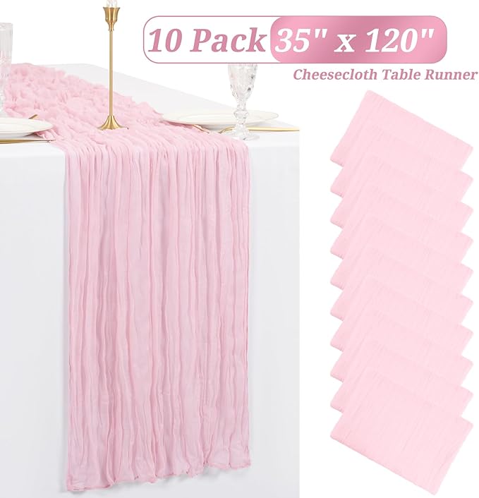 Showgeous 10 Pack Pink Cheesecloth Table Runner, 10FT Long Semi-Sheer Boho or Rustic Gauze Table Runner Wedding Table Decor for Wedding Arch Draping Bridal Shower Holiday Party