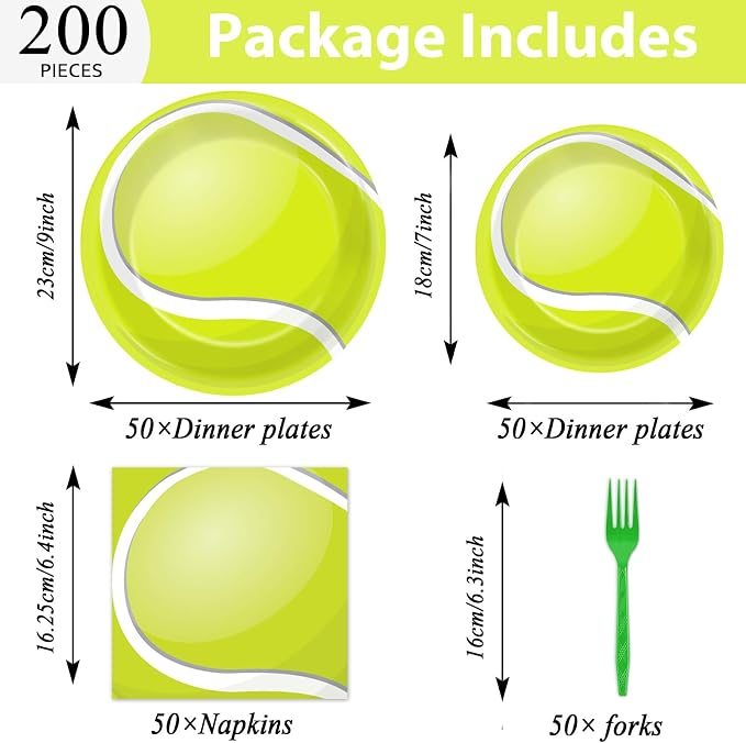 Qyeahkj 50 Guests Tennis Plates and Napkins Party Supplies Tennis Ball Birthday Party Decorations Disposable Tableware Set Sports Dinnerware Favor for Kids Baby Shower Decorations, 200PCS