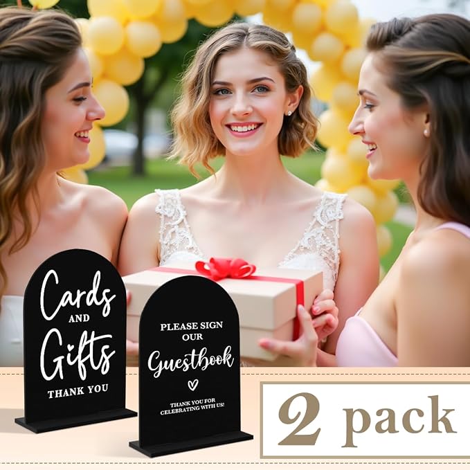2 Pcs Acrylic Wedding Signs for Ceremony and Reception, Bridal Shower Decorations, Cards and Gifts Signs, Guest Book Sign, Arch Acrylic Table Top Sign with Holder for Wedding Reception (Black)