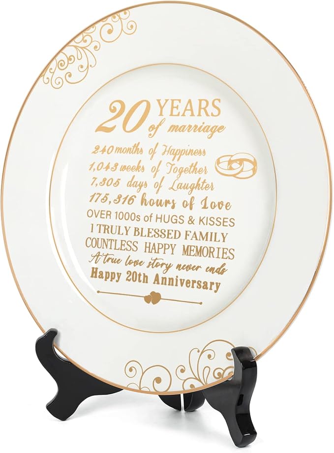 Urllinz 20 Year Anniversary Plate with 24k Gold Foil Decorations - 20th Anniversary Wedding Gifts for Wife Couple Him Her Husband, Ceramic 9"
