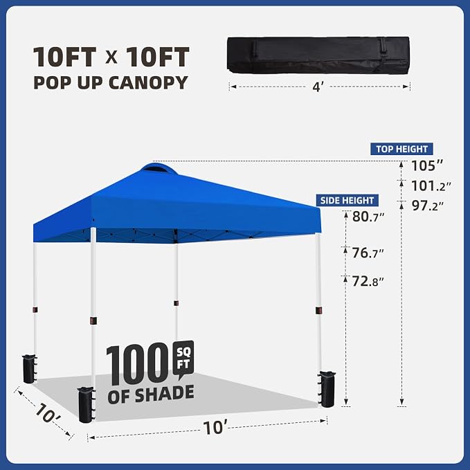 10x10 Pop Up Canopy Tent, Instant Folding Outdoor Shelter with High Strength Steel Frame and Handheld Carry Bag, Ground Stakes and Wind Ropes for Backyard Party, Camping, Beach Events, Blue