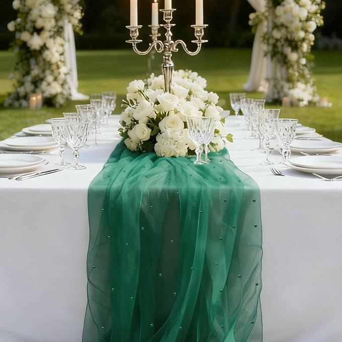 Pearl Table Runner 30 x 120 Inch 10 FT Long, Green Gauze Table Runners, Rustic Boho for Wedding Arch Birthday Party Bridal Veil Baby Shower Decorations