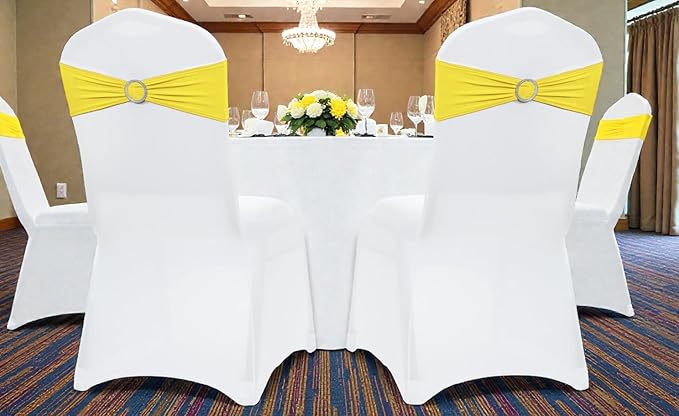 VDS - Yellow | Spandex Chair Sashes Bows | 125 PCS | Stretch Elastic Banquet Universal Folding Chair Band Tie with Silver Buckle Slider for Wedding Party Conference Celebration Event Decoration
