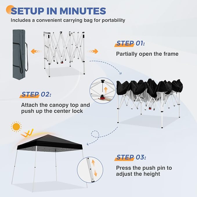COOS BAY 10x10 Pop Up Canopy Tent, Portable Outdoor Shelter with Carry Bag for Tailgate, Party, Beach, Picnic, and Camping, 10x10 Base 8x8 Top, Black