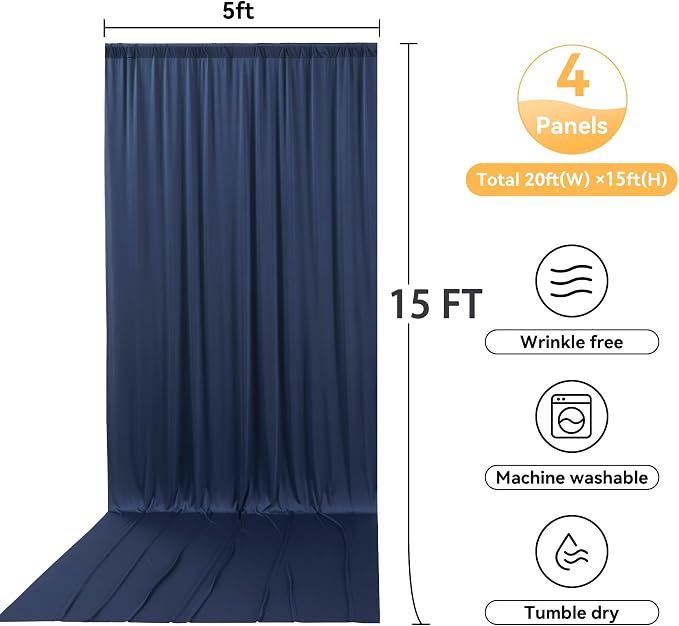 20ftx15ft Navy Blue Backdrop Curtain for Parties, Wrinkle Free Polyester 4 Panels 15 ft Long Photo Backdrop Drapes Back Drop Cloth Drapery for Wedding Birthday Party Photography Background