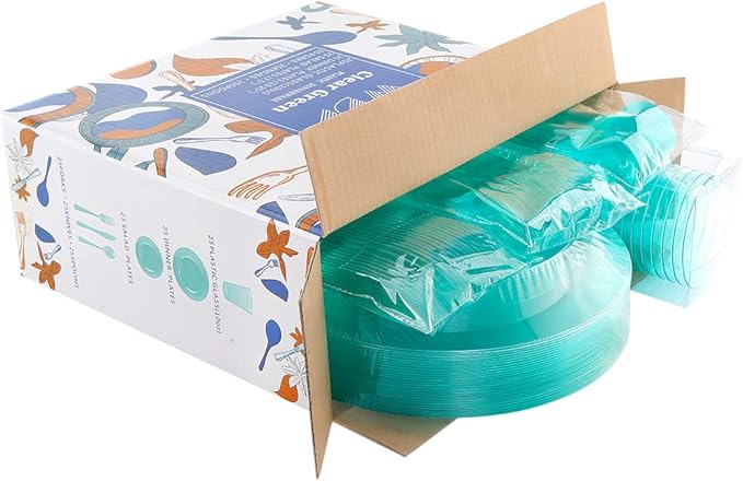 WDF 25 Guest Green Plastic Plates with Disposable Silverware&Green Cups-Neon Clear Plastic Dinnerware include 25 Dinner & Salad Plates,25 Forks, 25 Knives, 25 Spoons,25 Cups for Party