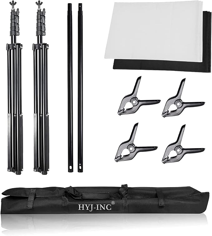 HYJ-INC Photo Background Support System with 8.5 x 10ft Backdrop Stand Kit, 100% Cotton Muslin Backdrop (White Black),Clamp, Carry Bag for Photography Video Studio