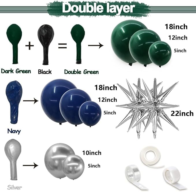 Navy Blue Green Silver Balloon Garland Double Stuffed Dark Green Silver Forest Navy Balloon Metallic Arch Kit for Birthday Football Game Dinosaur Graduation Party Decoration