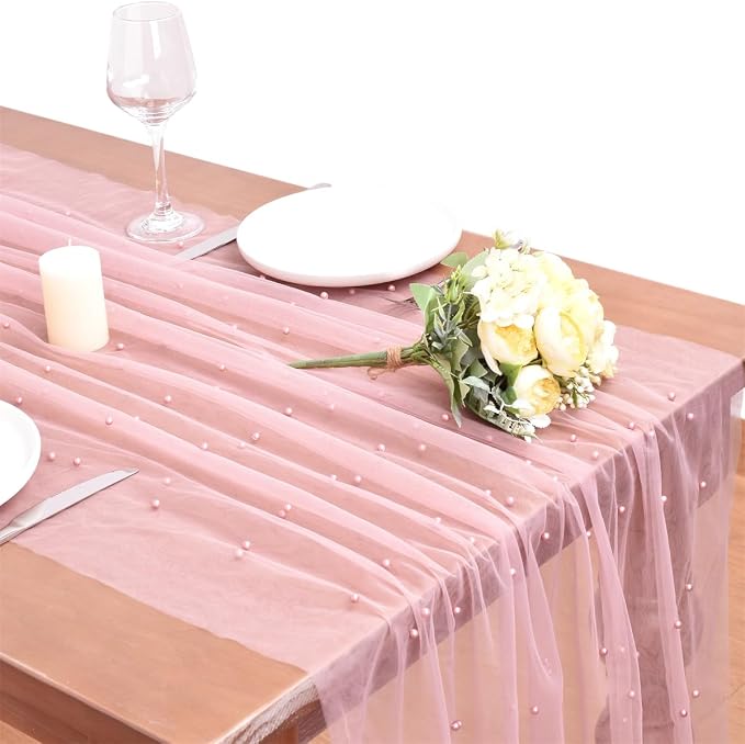 Dusty Rose Pearl Table Runner Boho Rustic Tulle Lace Dining Baby Shower Wedding Arch Decor Veil Dessert Holiday Centerpiece Table Decor 3pcs