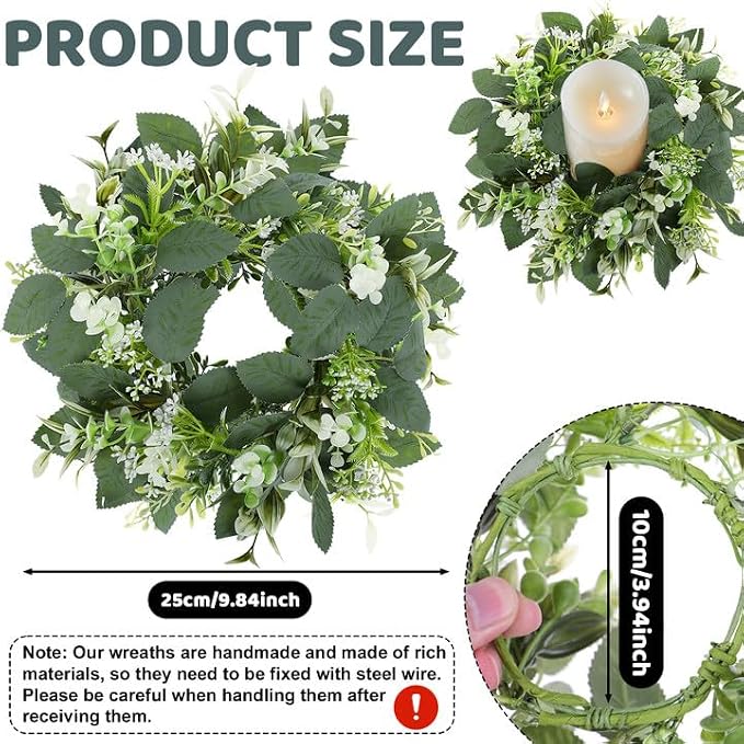 12PCS Artificial Eucalyptus Leaves Wreaths Candle Rings Wreaths Summer Greenery Garland Pillar Holder for Home Wedding Party Table Centerpiece Green