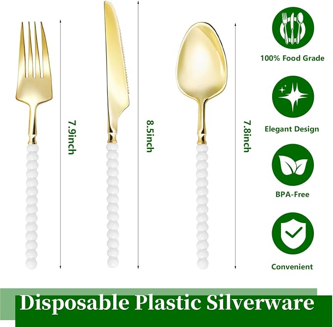 120 Pcs Gold Plastic Silverware,Gold Plastic Utensils with White Beads Handle,Fancy Disposable Cutlery Set Include 40 Forks 40 Knives 40 Spoons for Party & Wedding