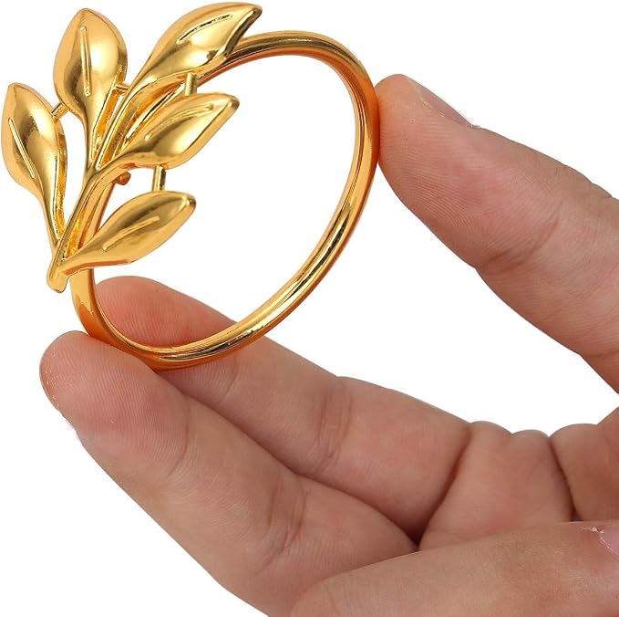 KPOSIYA Set of 12 Leaf Napkin Rings Metal Gold Napkin Holder Table Napkin Rings for Thanksgiving Day Christmas Dinning Table Parties Everyday (Ye Zi-Gold 12)