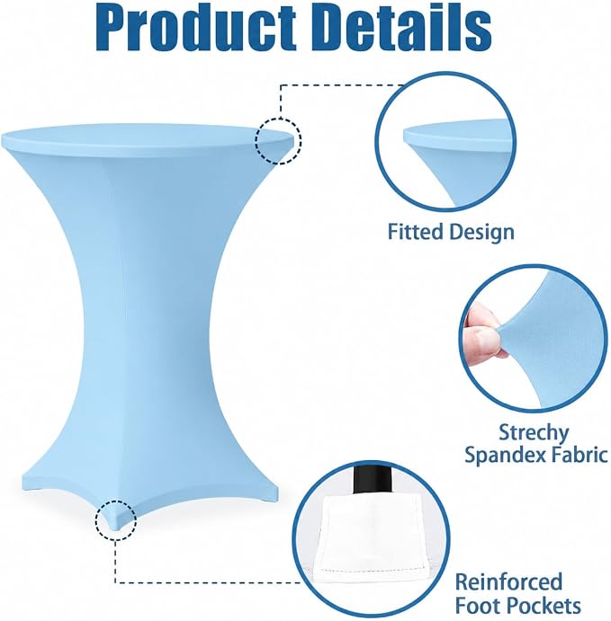Cocktail Table Covers - 6 Pack 32x43 Inch Table Cloth - Light Blue Fitted Stretch Spandex Round High Top Tablecloth for Party, Bar, Birthday, Pub, Banquet