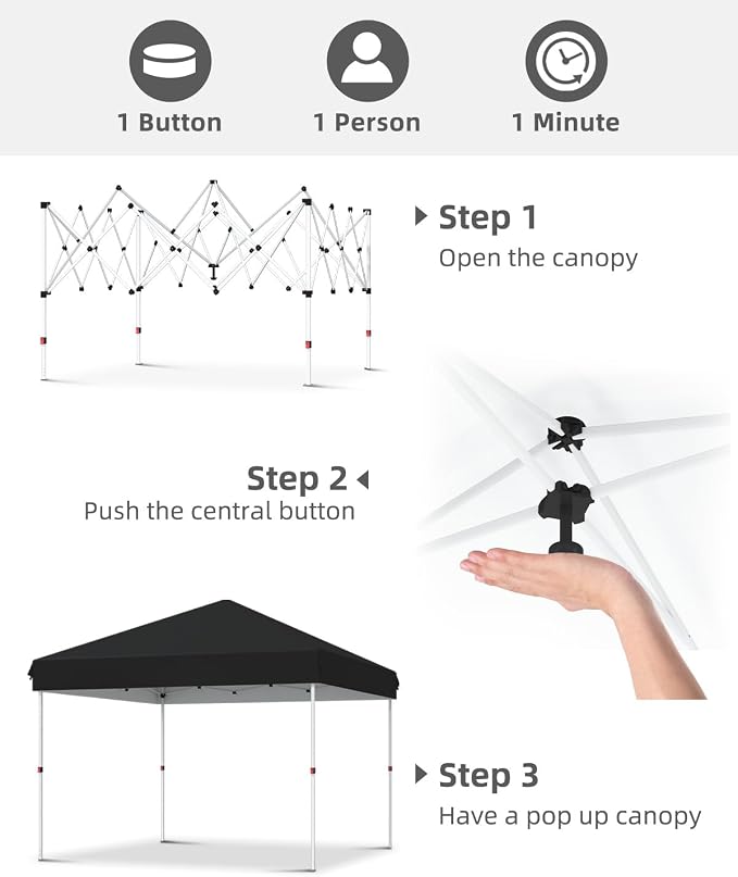 GarveeLife 10x10 Pop Up Canopy with One Button Push Setup - Heavy Duty Outdoor Canopy Tent with Portable Roller Bag - 3 Adjustable Height, 4 Weight Bags, 8 Stakes & 4 Guy Ropes Included, Black
