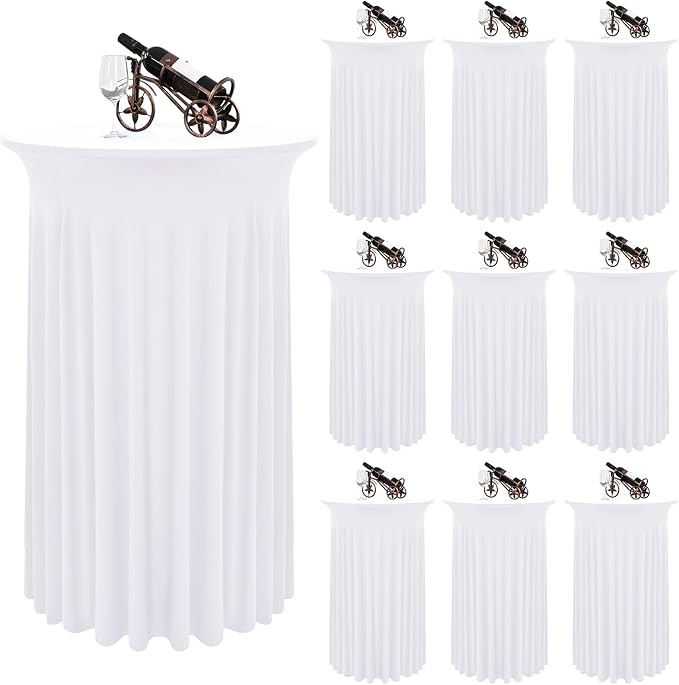 10 Packs Round Cocktail Table Skirt 32"x 43" Spandex Stretch Cocktail Tablecloth with Wavy Drapes, White Spandex Fitted High Top Table Covers for Wedding Bar Party Birthday Banquet Table