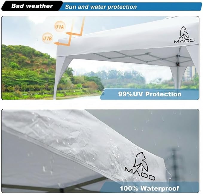 MAOO 10x10 Pop Up Canopy Tent with Sidewall, Easy Setup Instant Outdoor Canopy, 210D Silver Coated Waterproof UPF 50+ Sun Shade Shelter, Heavy Duty Steel Frame, Roller Bag,Khaki (White)