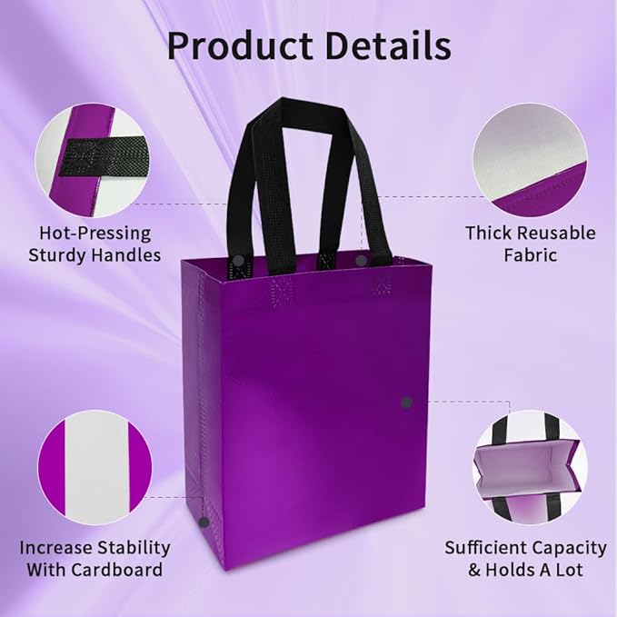 huichuan 12 Pack Purple Gift Bags with Handles, Reusable Small Gift Bag for Women Kids, Eco-Friendly Non-Woven Party Favor Goodie Bags Bulk for Valentine's Day, Birthday, Wedding, Baby Shower Treats