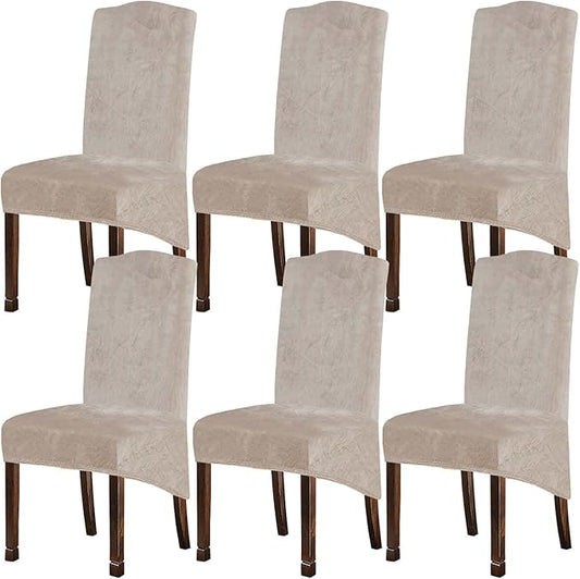 Velvet Plush XL Dining Chair Covers, Stretch Chaircover, Spandex High Chairs Protector Covers Seat Slipcover with Elastic Band for Kitchen, Dining Room (Tauqe 1, Set of 6)