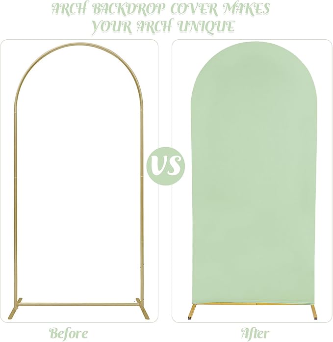 Set of 2 Spandex Fitted Arch Backdrop Cover Wedding Arch Cover Round Top Chiara Arch Backdrop Stand Covers for Birthday Party Baby Shower Wedding Arch Decor（6.6 FT Sage Green, 7.2 FT Beige）