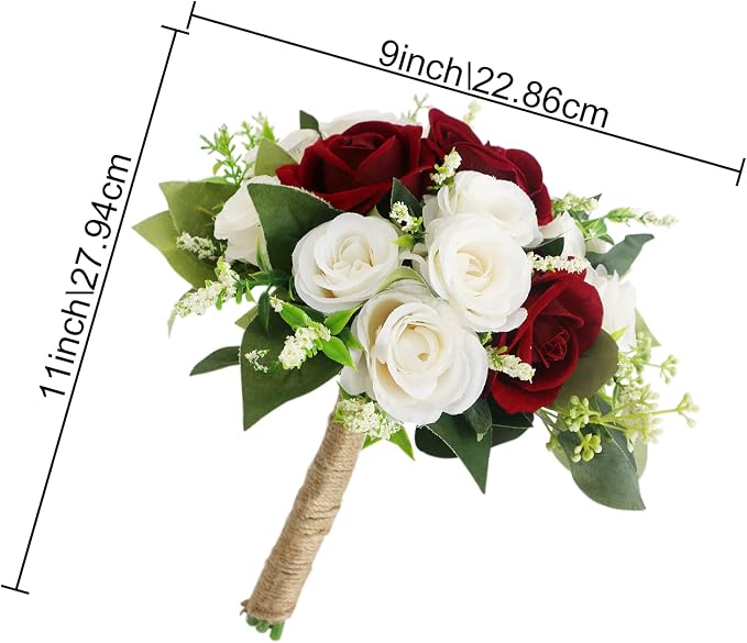 Set of 6 Bridesmaid Bouquets for Wedding - 7 Inch Artificial Bridesmaid Flower Bouquet for Party Ceremony Anniversary Dinning Table Centerpieces Decor - Burgundy & White