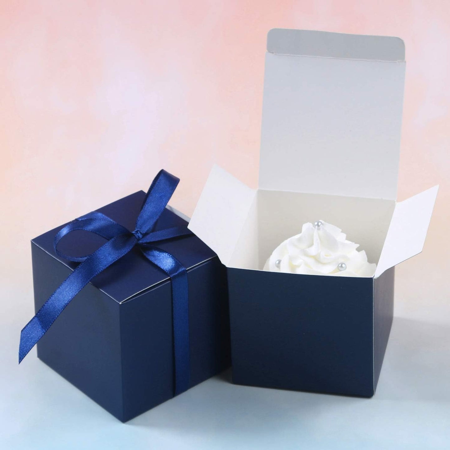 COTOPHER 100pcs Wedding Favor Boxes, Paper Gift Boxes 3x3x3 Inches Small Gift Boxes with Ribbons Small Boxes for Gifts, Crafting, Cupcake, Candy, Bridesmaid Proposal Boxes，Easy Assemble Boxes(Navy)