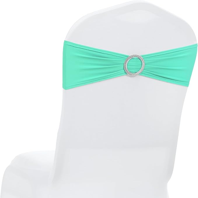 MDS Pack of 10 Spandex Chair Sashes Bow Premium Stretch Chair Cover Band with Buckle Slider Universal fits Elastic Dining Chair Ties for Wedding Party Banquet Events Decoration - Sea Green