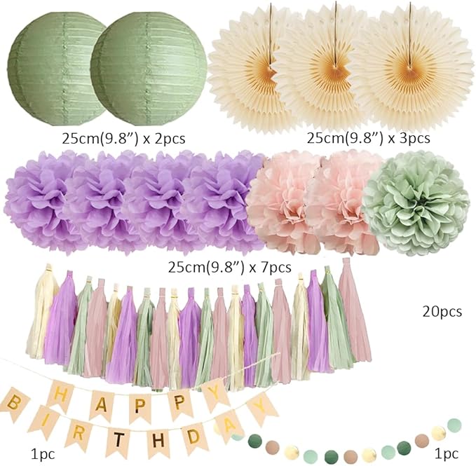 Pink Sage Green and Purple Birthday Decorations for Women Purple and Green Birthday Decorations Boho Lilac Sage Blush Pink Pastel Party for Girls Cream Dusty Rose Tassel Garland with Banner Beige Gold