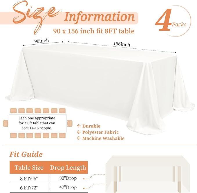 Showgeous 4 Pack Ivory Rectangle Tablecloth 90 x 156 Inch, Wrinkle Resistant Washable Polyester Table Cloth for Dining Table, Wedding, Party, Buffet, Outdoor