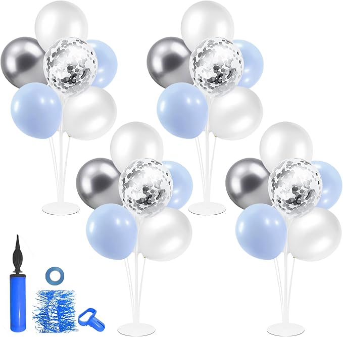 ZJDHPTY 4Set Light Blue Silver Balloon Stand Table Centerpieces Party Decor | Boy Baby Shower Decorations,Birthday Graduation Bridal Shower Baptism Corporate Retirement New Years Eve Party Supplies