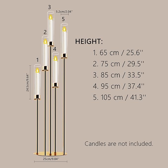 Candelabra Gold Centerpiece 5 Arms Taper Candle Holder Gold Centerpiece with Acrylic Tubes for Table Decoration Wedding Event Party Aisle Stage Home Decor (2, L)