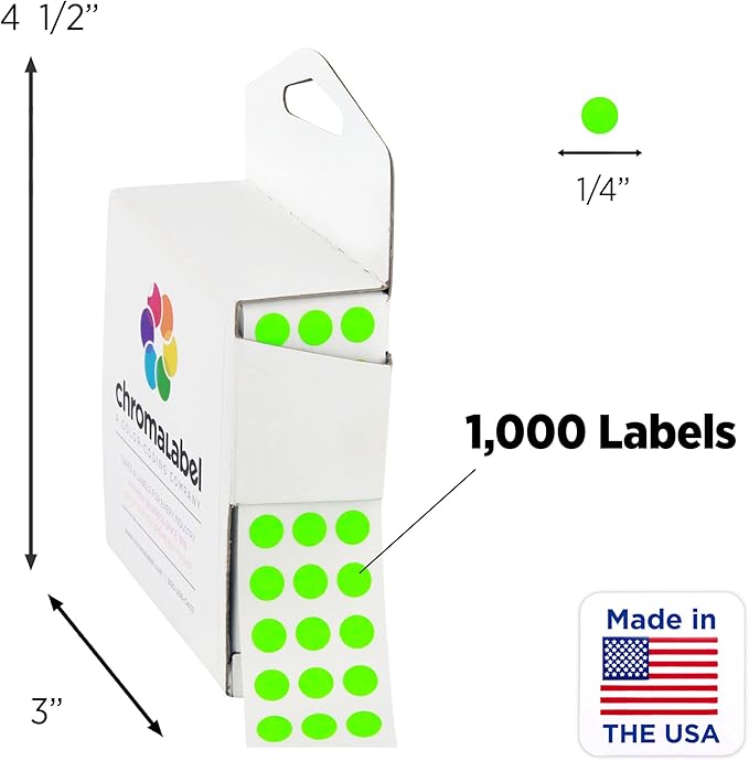 ChromaLabel 1/4 Inch Green Sticker Dots, Round Label Dots, Fluorescent Sticker, 1000 Fluorescent Green Dots Label with Handy Dispenser Box