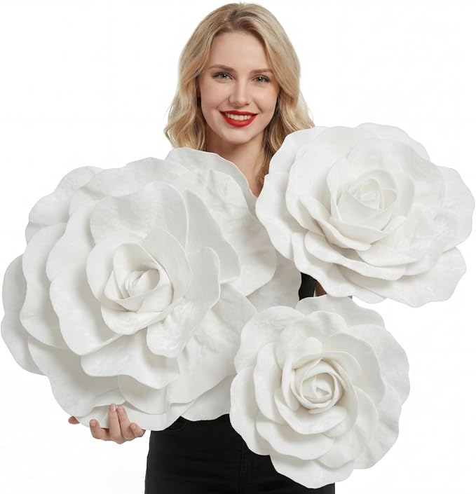 Norme 3 Pcs Wedding Artificial Giant White Velvet Rose 12, 16, 20 Inch Wedding Rose Petals Big Paper Flowers Giant Flower for Decorations Large White Flowers for Valentine, Home Decor, Anniversary