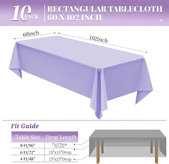 10 Pack Lavender Tablecloth 60 x 102 Inch Light Purple Tablecloth for 6 Foot Rectangle Tables Lavender Table Cloth Washable Polyester Fabric Table Cloths for Parties Wedding Banquet Christmas