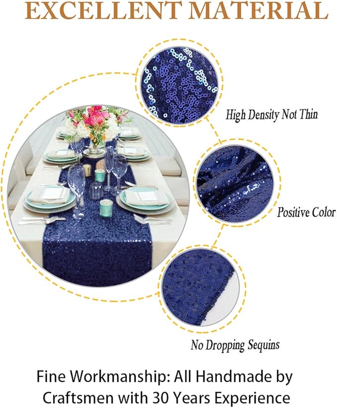 ShinyBeauty 12" x 108" Navy Blue Sequined Table Runner | Sparkle Table Runner for Parties & Weddings | Elegant Coffee Table Decor | Metallic Christmas Table-Runners | Durable Linen Fabric