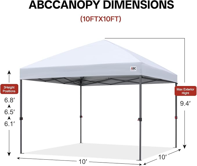 ABCCANOPY 10x10 Pop Up Canopy Tent, Easy Setup Instant Shelter with Wheeled Bag, Heavy Duty Outdoor Canopy for Beach, Market, Backyard, UV Protection, Outdoor Weather Protection (White, 10x10)