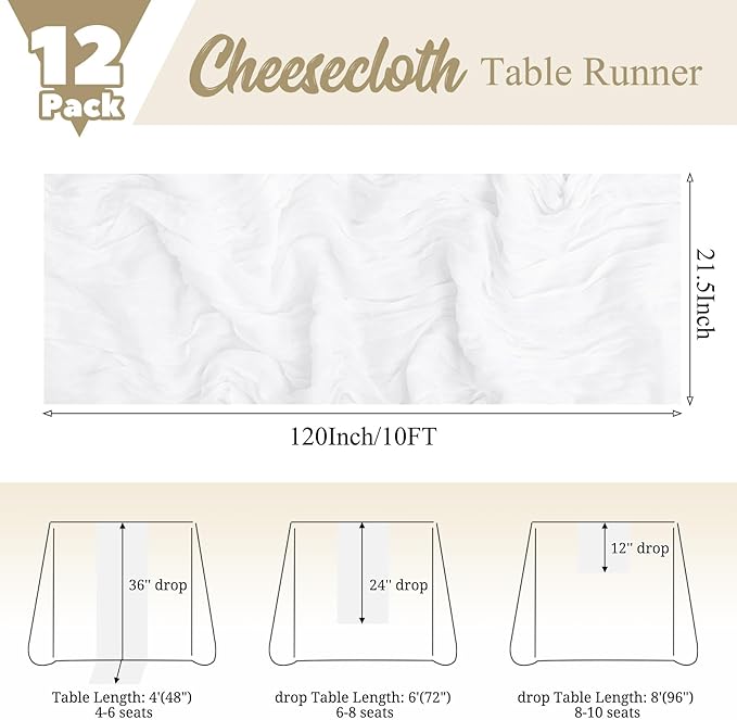 12 Pack White Table Runner 10Ft Cheesecloth Table Runner Rustic Gauze Table Runners Romantic Long Sheer Fabric Cheese Cloth Table Runners for Wedding Party Bridal Baby Shower