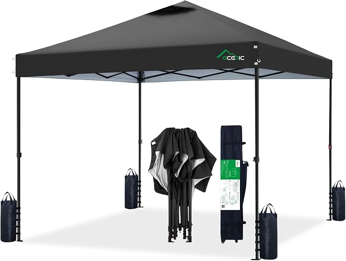 10x10 Pop Up Canopy Tent,300D Silver-Coating Top,Pop Up Canopy Tent Instant Portable Shelter with 1-Button Push and Wheel Carry Bag, 8 Stakes and 4 Upgrade Heavy Duty Canopy Weights (Black)