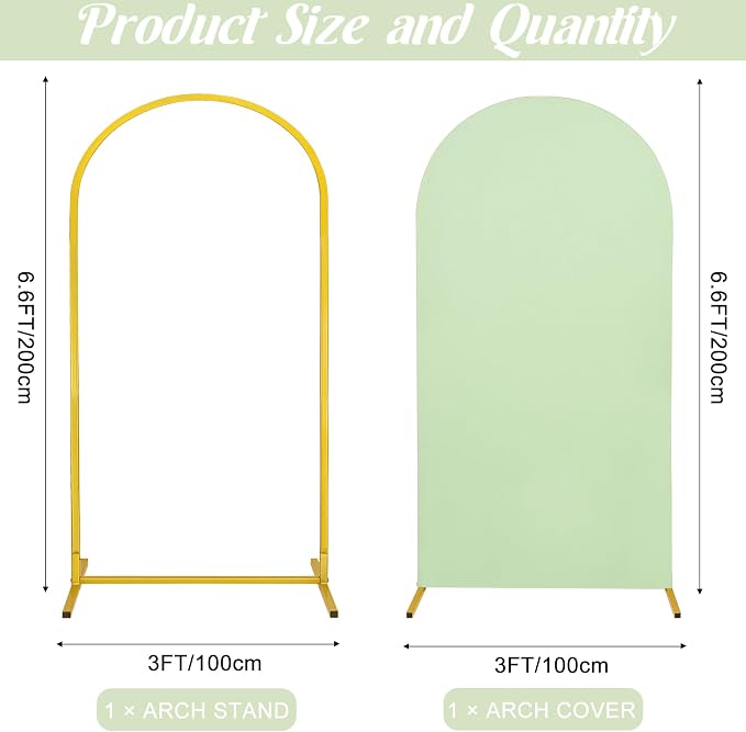 Metal Arch Stand and Cover Set,1 Sage Green Spandex Fitted Backdrop with 1 Gold Wedding Arched Stand Frame for Parties Birthday Baby Shower Bridal Banquet Decoration (6.6FT)