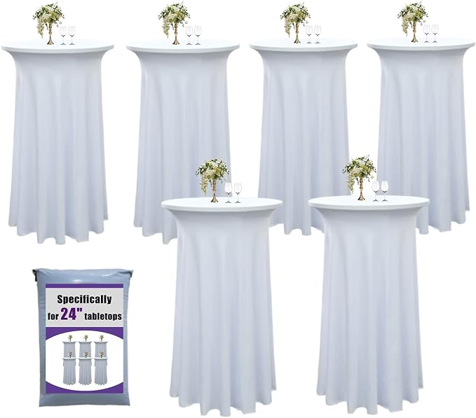 6-Pack 24"x43" White Round Cocktail Table Skirts | Stretch Spandex Fitted Tablecloths | Wrinkle-Resistant, Stain-Resistant, and Machine Washable for Bars, Weddings, Parties, and Banquets