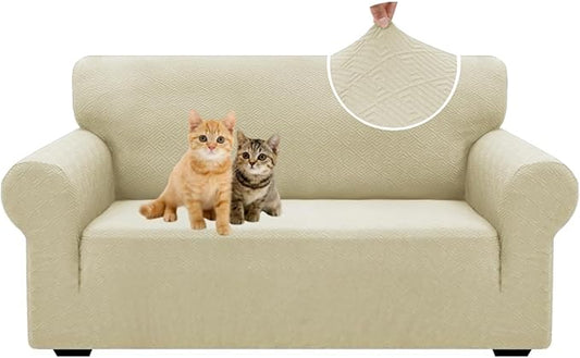 XINEAGE New 1 Piece Couch Covers for 2 Cushion (55"-69") Stretch Loveseat Sofa Cover Slipcover Jacquard Universal Furniture Protector with Elastic Bottom for Kids,Dog (Medium, Light Beige)